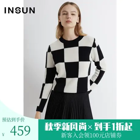 [欧普艺术]恩裳春秋季新品棋盘格防风保暖羊毛针织衫图片