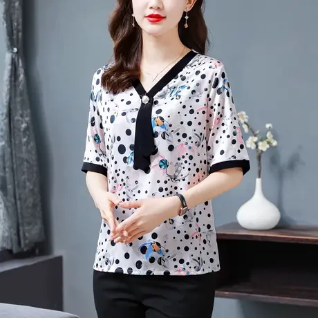 妈妈装真丝上衣女夏装2023年新款高端大码洋气减龄桑蚕丝漂亮小衫商品大图