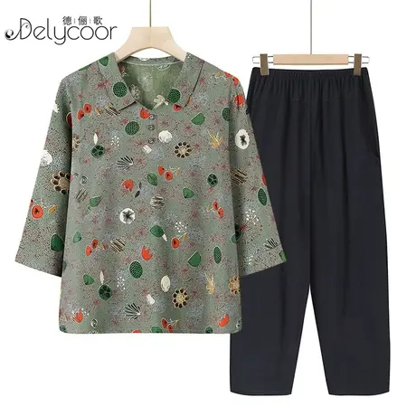 妈妈棉绸夏装2023新款洋气大码宽松女装中老年人半袖上衣奶奶套装图片