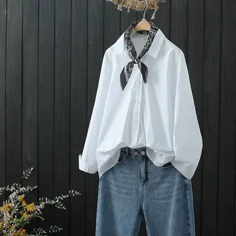 文艺范秋季新款纯棉衬衫女白色长袖翻领打底衫纯色宽松衬衣女上衣商品大图