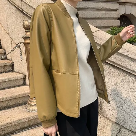 军绿色和尚领韩版宽松时尚pu小皮衣外套女2022年新款秋冬季高级感图片