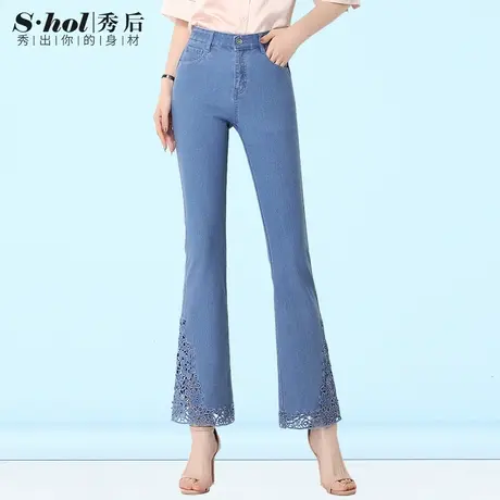 夏季薄款刺绣花女裤高腰品牌微喇牛仔裤女小个子裤子九分裤喇叭裤商品大图