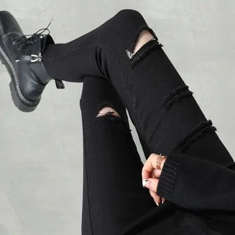 黑色破洞牛仔裤女夏2023年新款修身显瘦小脚裤高腰紧身铅笔裤子女商品大图