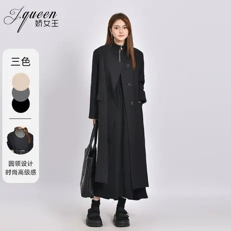 风衣外套女士2023秋季新款气质时尚简约宽松圆领垂坠感中长款大衣商品大图