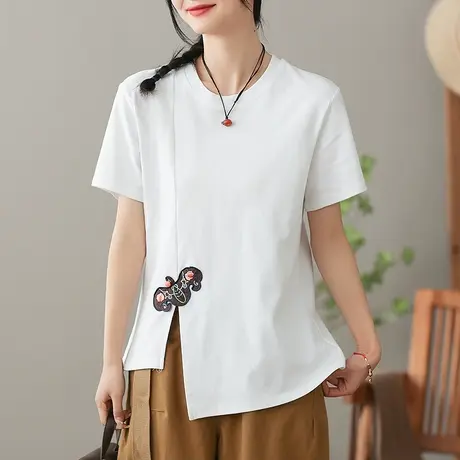 dza纯色全棉女士T恤2023夏季新款不规则短袖体恤气质漂亮打底上衣图片