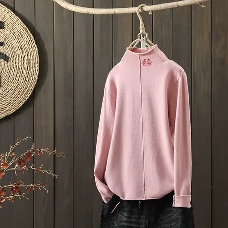 枫谜2021年秋冬新款文艺简约刺绣纯色针织衫女半高领打底上衣T恤图片