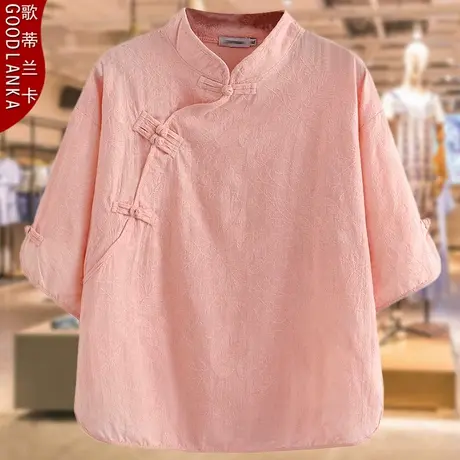 中老年妈妈夏装民族风五分袖上衣大码宽松洋气提花复古盘扣T恤女商品大图