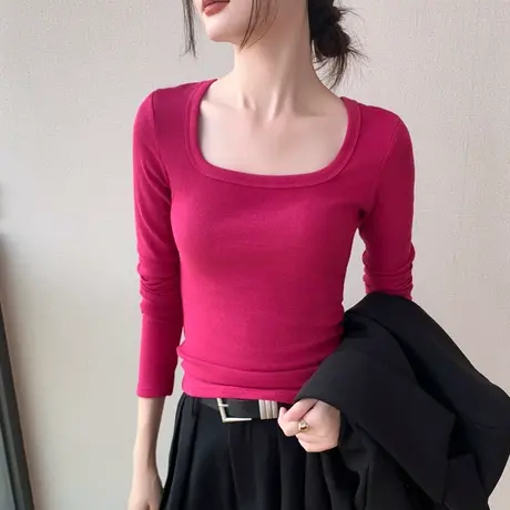 歌倍尚方领长袖T恤女装2023早秋新品正肩西装内搭上衣修身打底衫商品大图