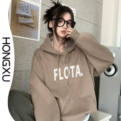 红续韩版加厚百搭学生卫衣oversize小众设计感马赛克字母印花上衣图片