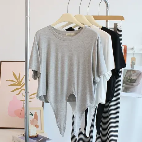 设计感~柔软莫代尔t恤女夏装宽松高腰瑜伽舞蹈服下摆打结短款上衣商品大图