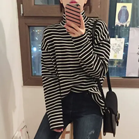 半高领t恤女2023秋季ulzzang宽松条纹韩版学生bf原宿风复古打底衫商品大图