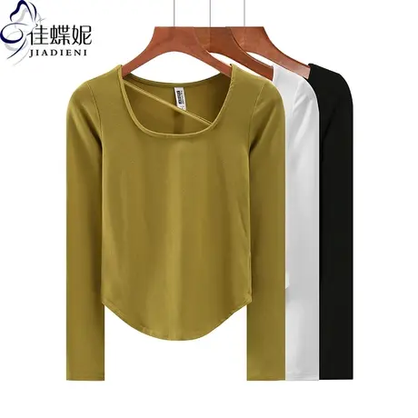 早春新款韩版圆领纯棉修身纯色纯欲燕尾长袖体恤上衣内搭女打底衫图片