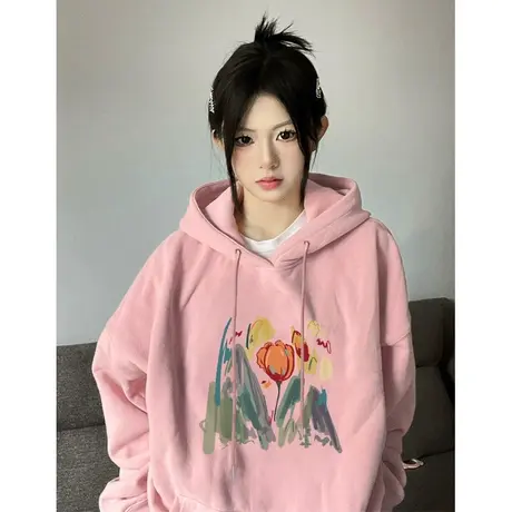 郁金香印花连帽卫衣女春秋季薄款2023新款宽松慵懒风上衣加绒外套图片