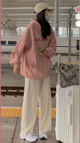 vintage粉色连帽卫衣女新款甜辣风加绒长袖潮ins港风大码宽松上衣图片