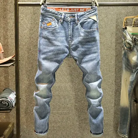 高端水洗牛仔裤男款修身小直筒裤子潮牌个性织带设计夏季百搭长裤商品大图