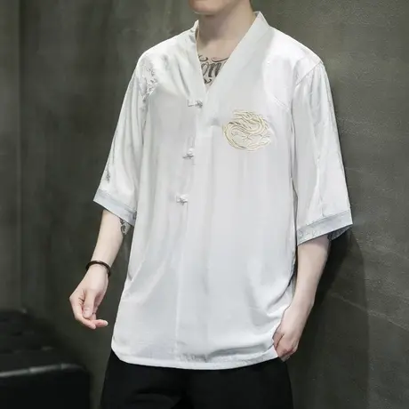 汉服男款冰丝短袖t恤男垂感夏季薄款新中式男装宽松大码唐装半袖图片