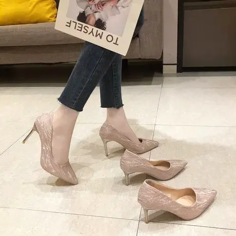 银色新娘婚鞋女水晶鞋婚纱宴会伴娘亮片高跟鞋细跟2023年新款大码商品大图