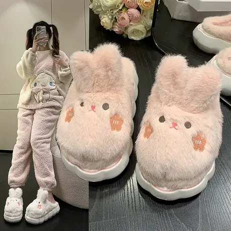 棉拖鞋女2023厚底可爱毛绒踩屎感防滑拖鞋冬季加绒保暖软底棉拖鞋商品大图