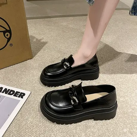 厚底乐福鞋女2024年春秋季新款时尚英伦风小皮鞋一脚蹬粗跟单鞋潮商品大图