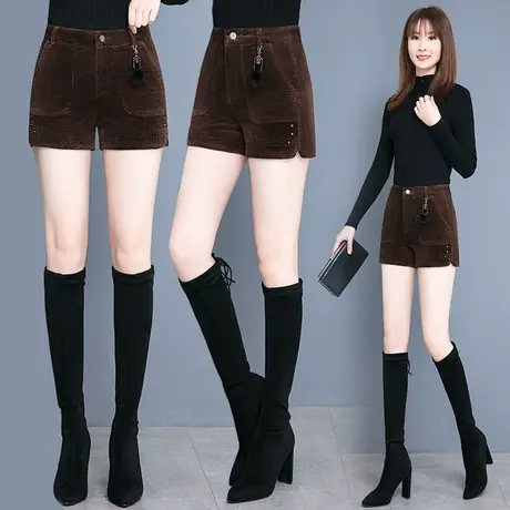 灯芯绒短裤女秋冬季2023新款显瘦高腰休闲裤子宽松阔腿靴裤百搭潮商品大图