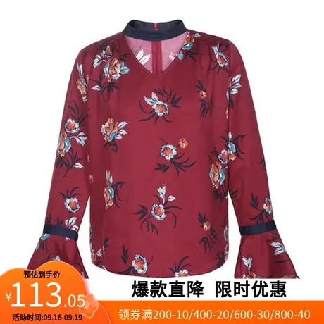 【艾格】2023春季新款T恤女V领喇叭长袖印花宽松套头上衣官方旗舰商品大图