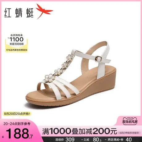 红蜻蜓女凉鞋2023夏季新款时装凉鞋坡跟舒适妈妈凉鞋一字带中跟女商品大图