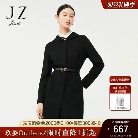 JZ玖姿X版型时尚连帽2022春季新款简约黑色绵羊毛连衣裙式外套女图片