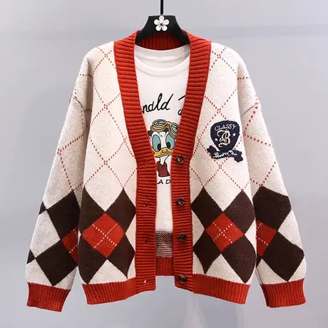 复古学院风菱格毛衣外套女秋冬2023新款宽松慵懒风中长款针织开衫图片
