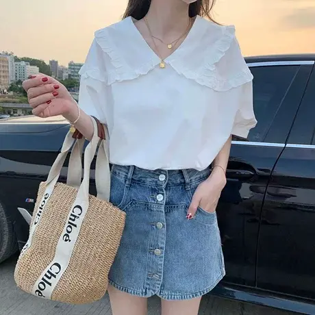 2023夏季新款娃娃衫甜美减龄白色衬衫女上衣V领套头宽松短袖衬衣商品大图