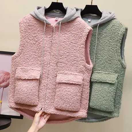羊羔毛马甲女冬2023新款马夹毛毛连帽短款背心坎肩外穿棉外套潮图片
