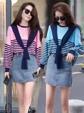 韩系时尚条纹针织衫上衣百搭披肩两件套女2023春新款气质上衣套装商品大图