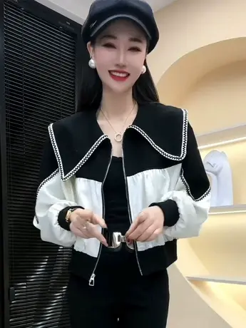 欧洲站海军领宽松休闲棒球服短款外套女2023春季新款时尚百搭上衣图片