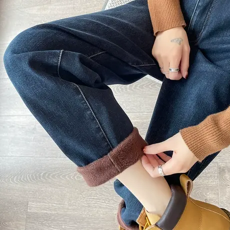 牛仔裤女2023年秋冬新款高腰直筒宽松加绒加厚复古拼接哈伦老爹裤商品大图