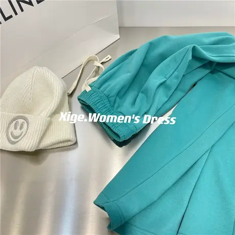 蓝绿色休闲运动裤女春季高腰显瘦百搭毛圈棉宽松直筒卫裤阔腿长裤商品大图