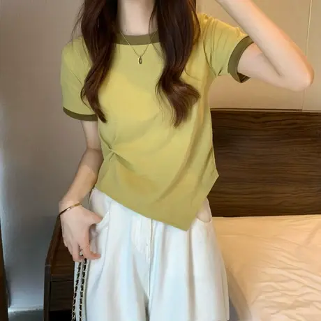2023新款夏季小众设计感撞色短袖t恤女装正肩别致不规则短款上衣商品大图