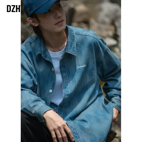 男士港风牛仔衬衫男长袖高级感秋季衬衣外套宽松百搭上衣2023新款商品大图