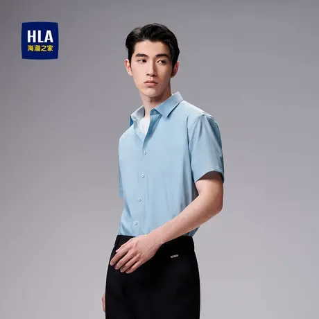 【奥莱】海澜之家尖领印花短袖休闲衬衫微弹商务蓝色短衬男图片