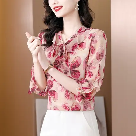 时尚印花雪纺衫女2023春夏新款七分袖百搭打底衫女蝴蝶结领小衫潮图片