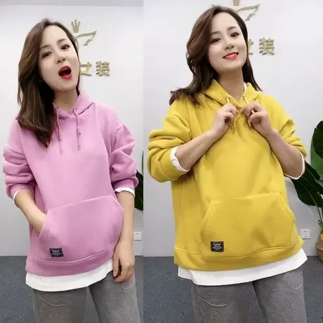 卫衣女2023年新款假两件中长款外套春秋冬加绒加厚宽松韩版上衣潮图片