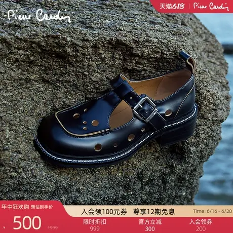 Pierre Cardin/皮尔卡丹女鞋商场同款波点镂空真皮凉鞋包头粗跟图片