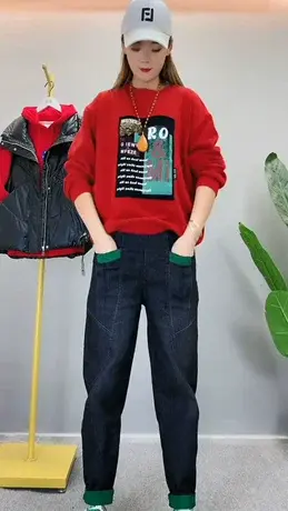 运动装春秋时尚套装女新款薄款卫衣高腰翻边牛仔裤休闲卫衣两件套商品大图