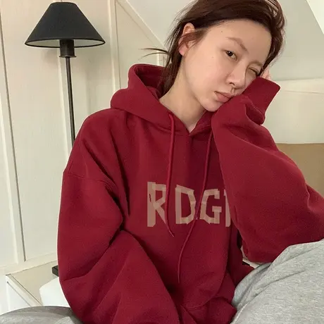 连帽卫衣女秋冬加绒本命年酒红色chic韩系ins潮大码休闲加厚外套商品大图