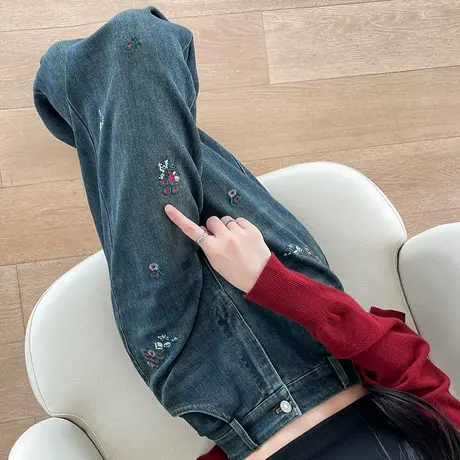复古刺绣阔腿牛仔裤女2025春秋新款高腰窄版显瘦宽松后松紧拖地裤图片