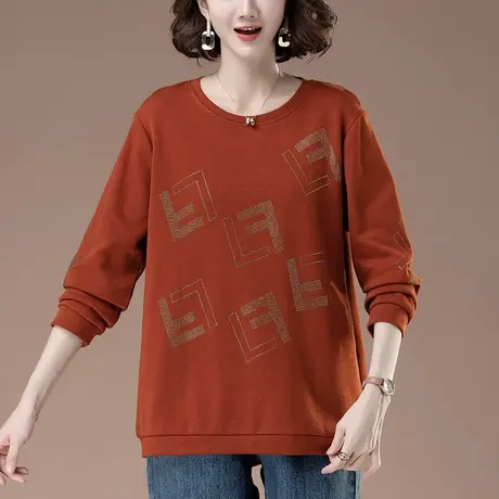 中老年妈妈圆领卫衣女春秋季薄款宽松加肥加大码女装休闲显瘦上衣商品大图
