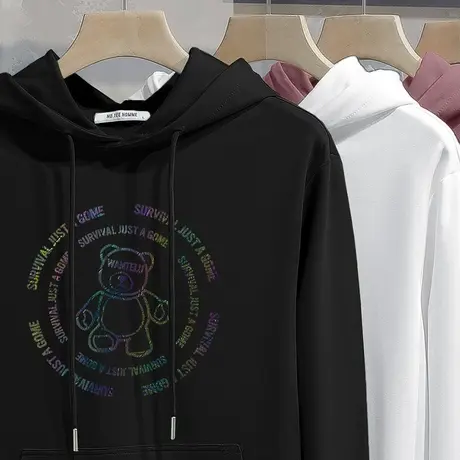 男士卫衣潮牌小熊黑色连帽外套秋冬款加绒加厚潮流长袖带帽衫宽松商品大图