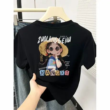 韩系减龄印花正肩显瘦短袖t恤女夏2025新款宽松休闲慵懒圆领上衣商品大图