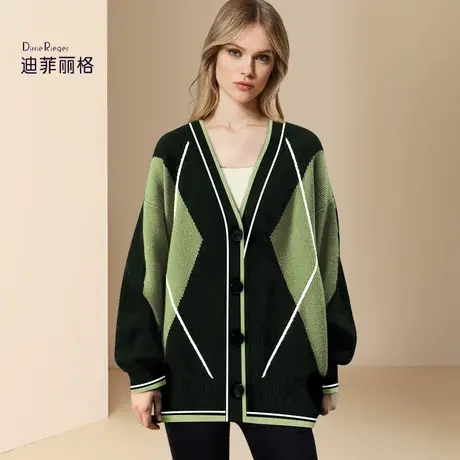 迪菲丽格2023秋冬新款设计感慵懒撞色拼接V领纽扣针织毛衣开衫女商品大图
