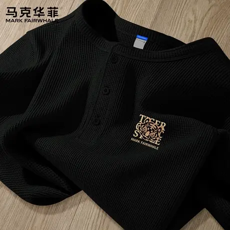 马克华菲亨利领长袖t恤男秋季新款宽松潮牌华夫格体恤衫男士上衣X图片