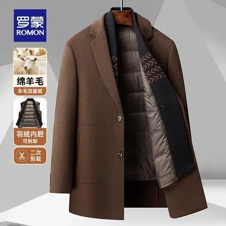 【含羊毛可拆羽绒内胆】罗蒙男士时尚毛呢大衣2025冬季新款外套男图片