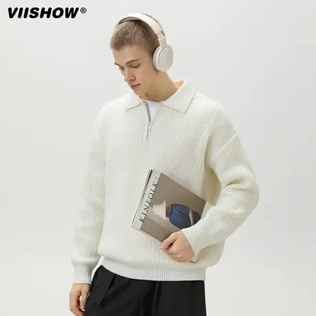VIISHOW仿鹿毛绒开衫半拉链翻领毛衣男秋冬款质感宽松重磅针织衫商品大图